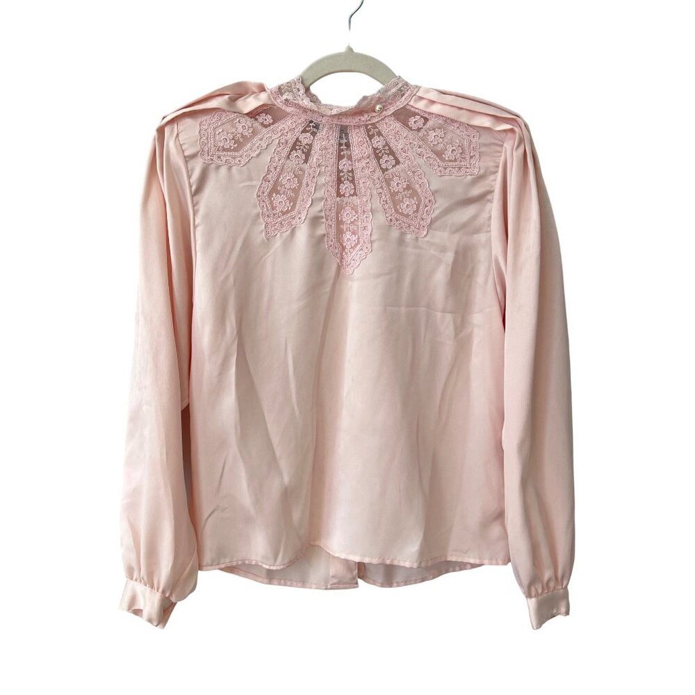 Vintage 80s Michelle Stuart Lace Blouse Satin Small Button Pink Fairy Coquette